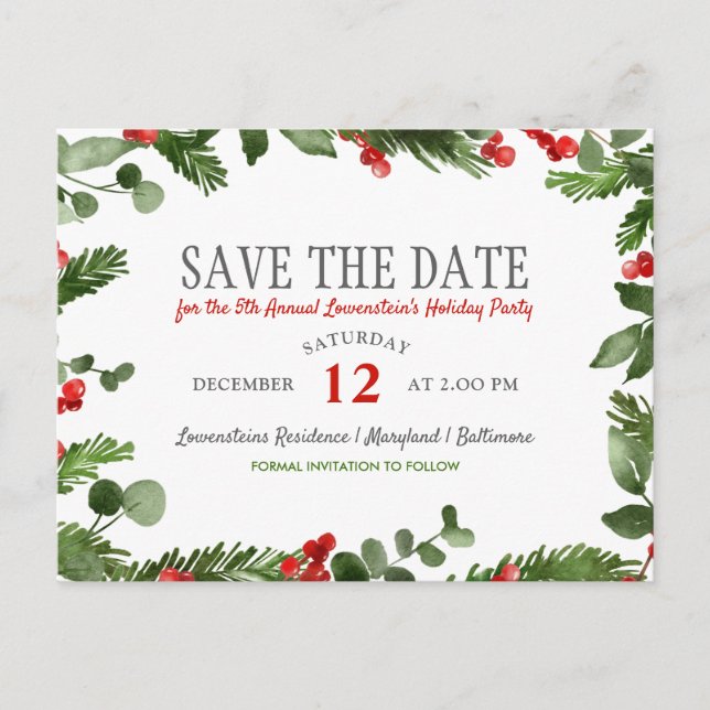 Carte Postale Faire-part Holly Feuille Modern Holiday Party Enregistrer la  (Devant)