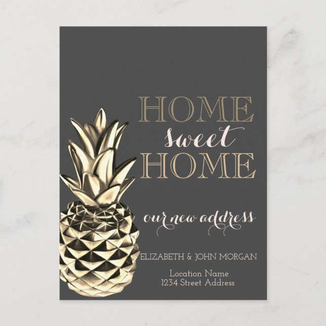 Carte Postale Faire-part Home Sweet Home, Ananas Métallique Or (Devant)
