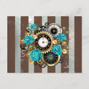 Carte Postale Faire-part Horloge Steampunk et roses turquoise sur fond rayé