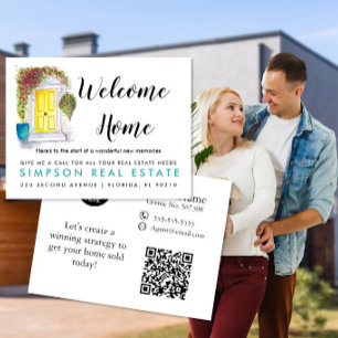 Carte Postale Faire-part Immobilier Bienvenue aquarelle Maison Porte Jaune