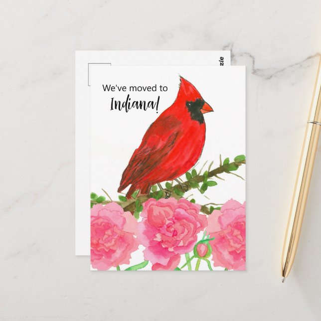 Carte Postale Faire-part Indiana Cardinal Bird Peony (Devant/Arrière en situation)