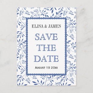 Carte Postale Faire-part Indigo blue mariage motif feuille Enregistrer la d