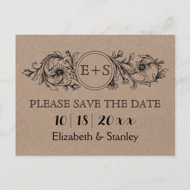 Carte Postale Faire-part Initiales en carton kraft mariage Save the Date (Devant)