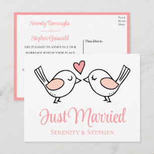 Carte Postale Faire-part Inséparables roses Lovebird Juste Marié Mariage