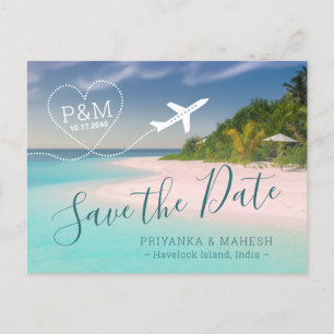 Carte Postale Faire-part Island Beach Wedding Heart Airplane Sauvez la date
