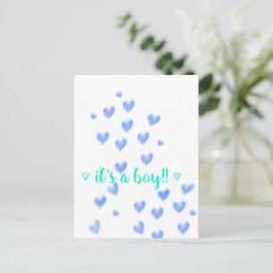Carte Postale Faire-part IT'S A BOY - Blue & Teel aquarelle coeurs design