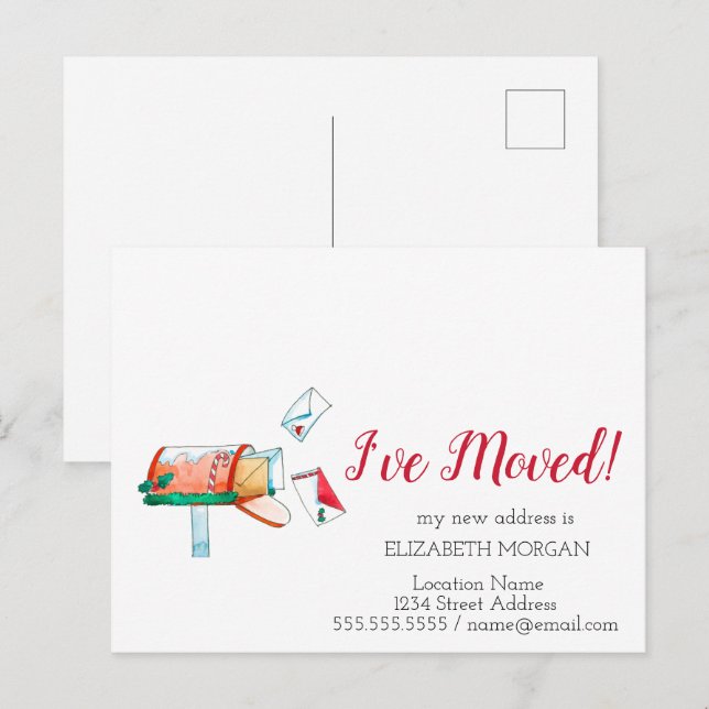 Carte Postale Faire-part J'ai déménagé, Aquarelle boîte aux lettres Noël (Devant / Derrière)