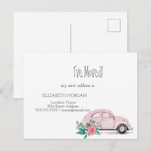Carte Postale Faire-part J'ai déménagé, Aquarelle Voiture rose, Fleurs Nouv