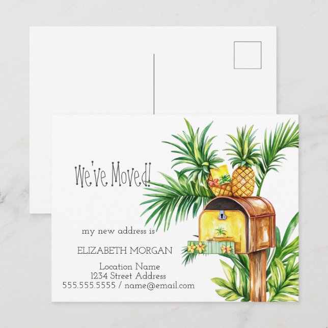 Carte Postale Faire-part J'ai déménagé, boîte aux lettres Ananas Nouvelle a (Devant / Derrière)
