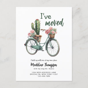 Carte Postale Faire-part J'ai déménagé Cactus floral Vélo Aquarelle Déménag
