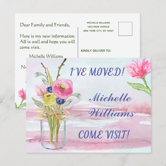 Carte Postale Faire-part J'ai déménagé Classique Floral aquarelle Déplaceme (Devant / Derrière)