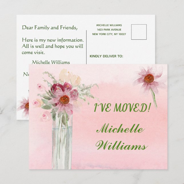 Carte Postale Faire-part J'ai déménagé Élégant floral rose Budget Déménagem (Devant / Derrière)