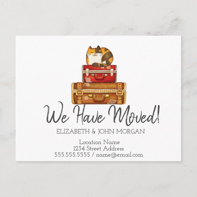 Carte Postale Faire-part J'ai déménagé, valises chat nouvelle adresse (Devant)
