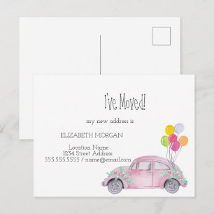 Carte Postale Faire-part J'ai déménagé, Voiture rose Aquarelle, Nouvelle Ad