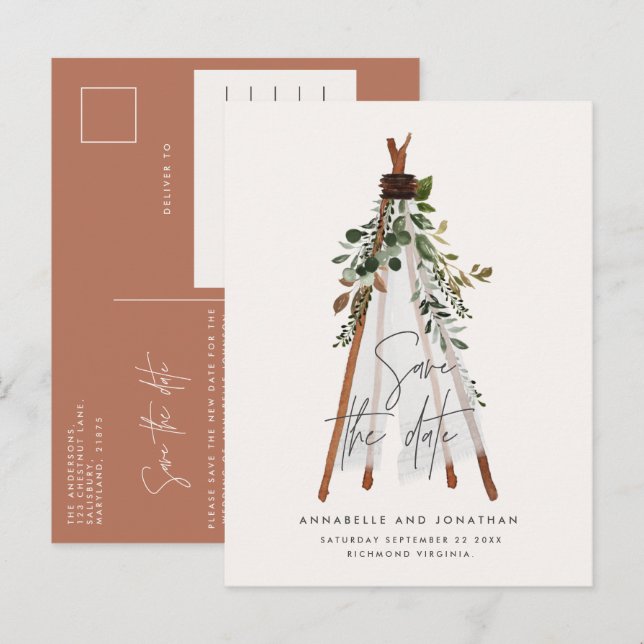 Carte Postale Faire-part Jardin botanique bohème moderne teepee (Devant / Derrière)