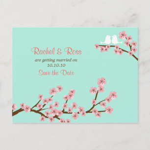 Carte Postale Faire-part Jardin de fleurs de cerisier rose mariage vert