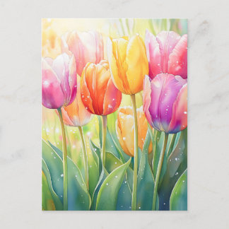 Carte Postale Faire-part Jardin de tulipes printanières à l'aquarelle fleur