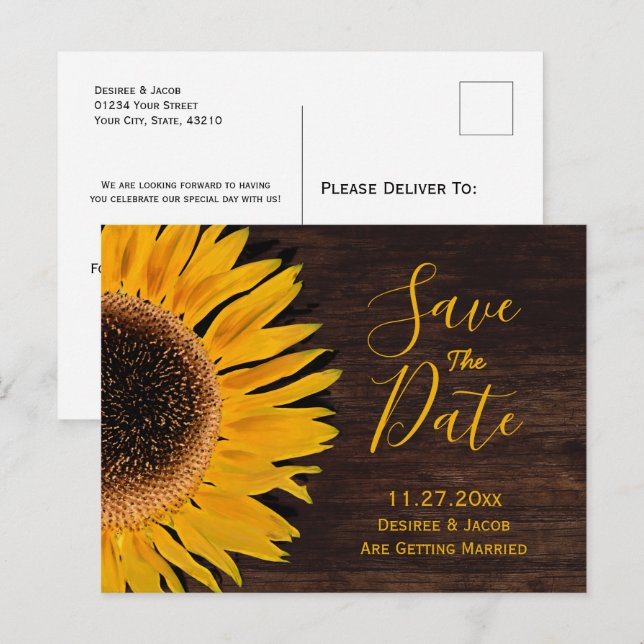 Carte Postale Faire-part Jaune Brun Bois Rustique Tournesol Enregistrer La  (Devant / Derrière)