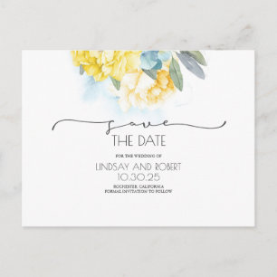 Carte Postale Faire-part Jaune Floral bleu doux Enregistrer la date