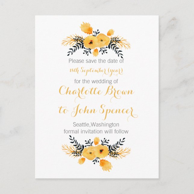 Carte Postale Faire-part jaune gris aquarelle floral enregistrer les dates (Devant)