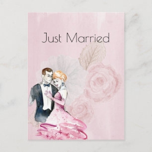 Carte Postale Faire-part Jeune couple de mariés avec rose rose tout juste m