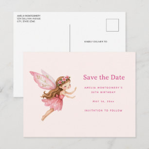 Carte Postale Faire-part Jolie Fée Fille en Robe Rose