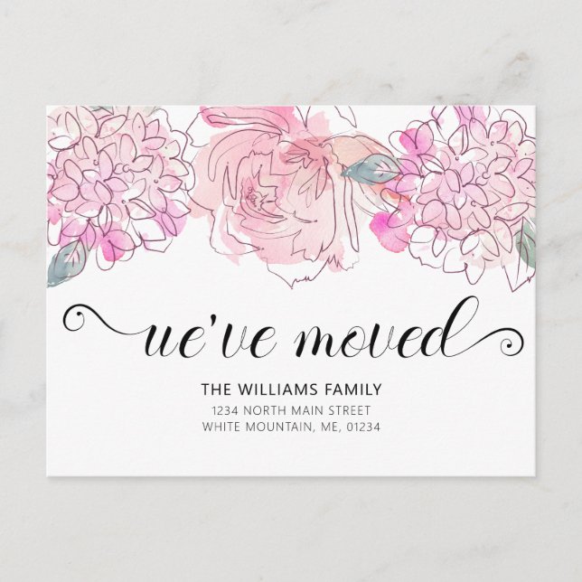 Carte Postale Faire-part Jolie Hydrangea Rose Roseau Aquarelle Florale Démé (Devant)