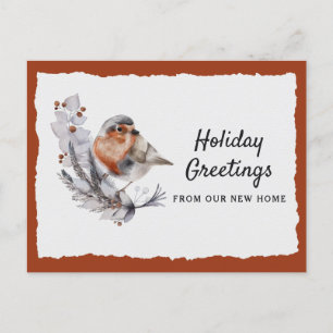 Carte Postale Faire-part Jolie Robin d'hiver Rust Grey Vacances Déménagemen