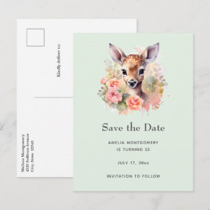Carte Postale Faire-part Jote cerf entouré de Roses Enregistrer la date