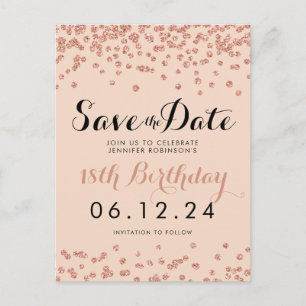 Carte Postale Faire-part Jour d'anniversaire Sauvez la date Rose Gold Parti