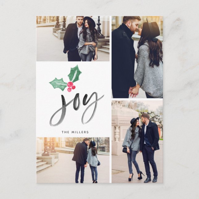 Carte Postale Faire-part Joy Brush Script Holiday | Noël 4 photos (Devant)