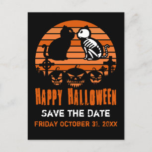 Carte Postale Faire-part Joyeux Halloween Skeleton Chat Retro Sunset
