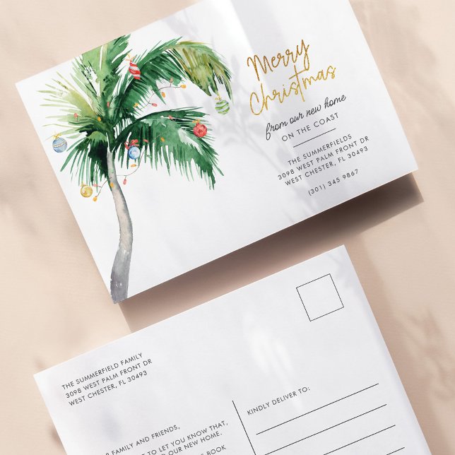 Carte Postale Faire-part Joyeux Noël de la côte Vacances en mouvement (Palm Tree Script Christmas New Address Announcement Postcard)