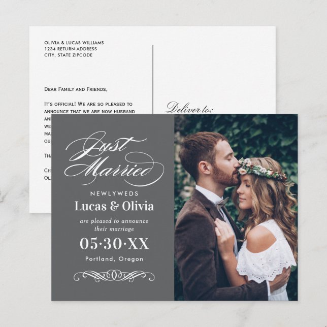 Carte Postale Faire-part Juste Marié Charcoal Grey Élégant Mariage Photo (Devant / Derrière)