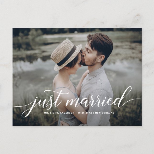 Carte Postale Faire-part Juste Marié Curieux Script superposer photo blanch (Devant)