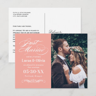 Carte Postale Faire-part Juste Marié Saumon rose Élégant mariage photo