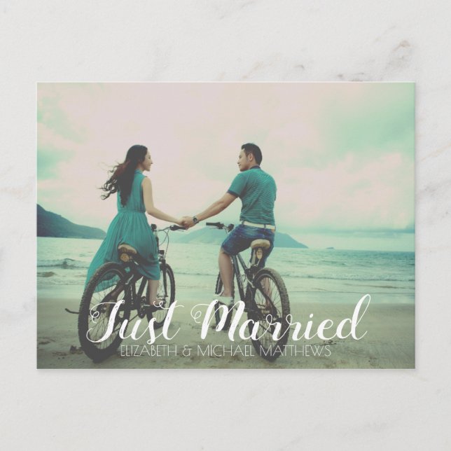 Carte Postale Faire-part Juste marié script personnalisé photo mariage merc (Devant)