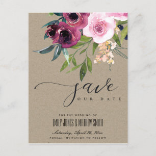CARTE POSTALE FAIRE-PART KRAFT BLUSH BURGUNDY FLORAL BUNCH ENREGISTRER LA D