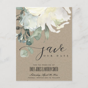 CARTE POSTALE FAIRE-PART KRAFT DOUX IVOIRE BLANC FLEURIS ÉVENTAIL ENREGISTR