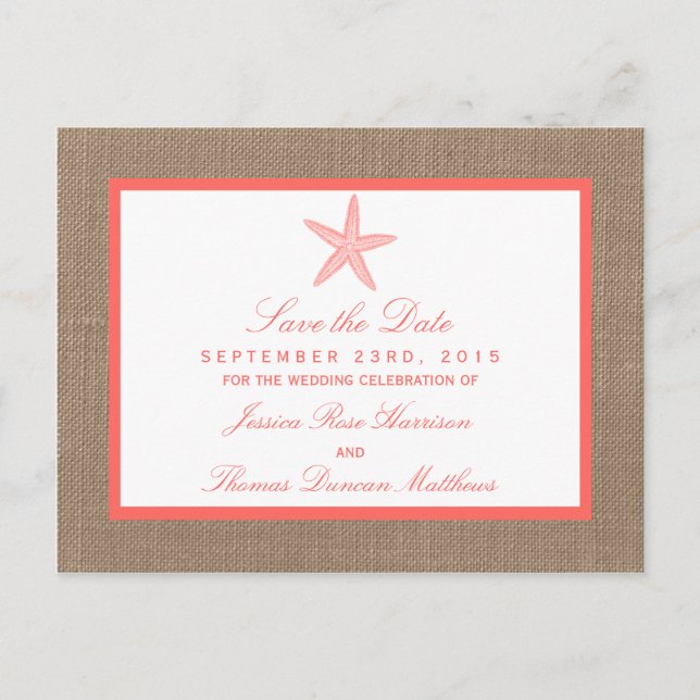 Carte Postale Faire-part La collection de mariages de Coral Starfish Burlap (Devant)