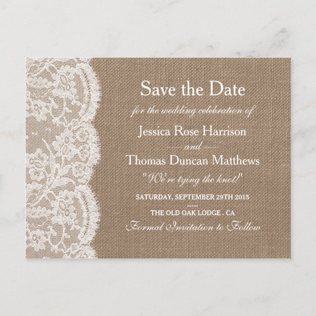 Carte Postale Faire-part La Collection Mariage Burlap & Lace Enregistrer La (Devant)