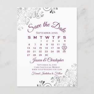 Carte Postale Faire-part Lacy Cassis Mariage violet Enregistrer le calendri