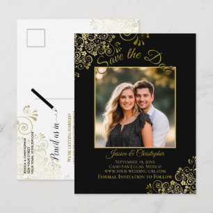 Carte Postale Faire-part Lacy Gold sur Black Wedding Enregistrer la photo d