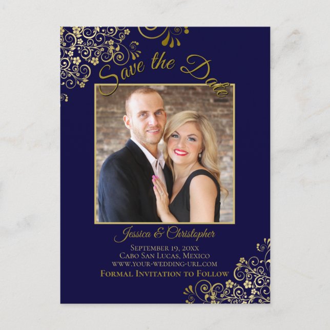 Carte Postale Faire-part Lacy Gold sur Marine Blue Wedding Save the Date Ph (Devant)