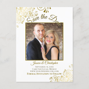Carte Postale Faire-part Lacy Gold sur Photo de Mariage Blanc Enregistrer l