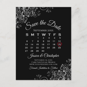 Carte Postale Faire-part Lacy Grey sur Black Wedding Enregistrer le calendr