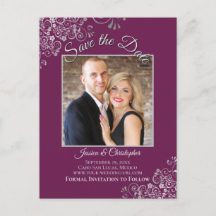 Carte Postale Faire-part Lacy Silver & Cassis Wedding Save the Date Photo
