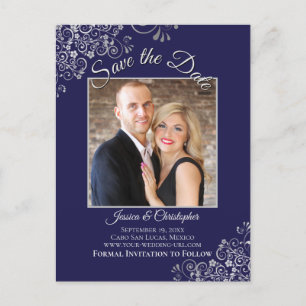 Carte Postale Faire-part Lacy Silver Marine Blue Wedding Enregistrer la dat