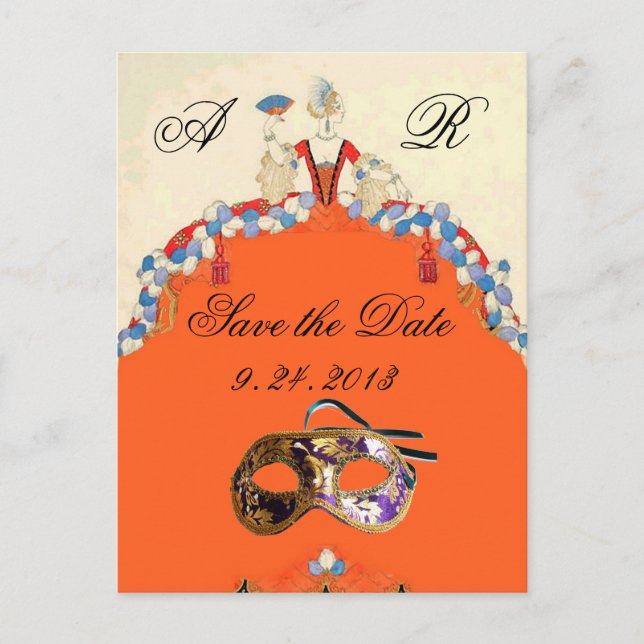 CARTE POSTALE FAIRE-PART LADY ORANGE MASQUERADE PARTY ENREGISTRER LA DATE (Devant)