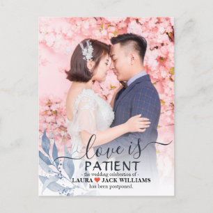 Carte Postale Faire-part L'amour est Patient Mariage Feuille Bleue Reporté 